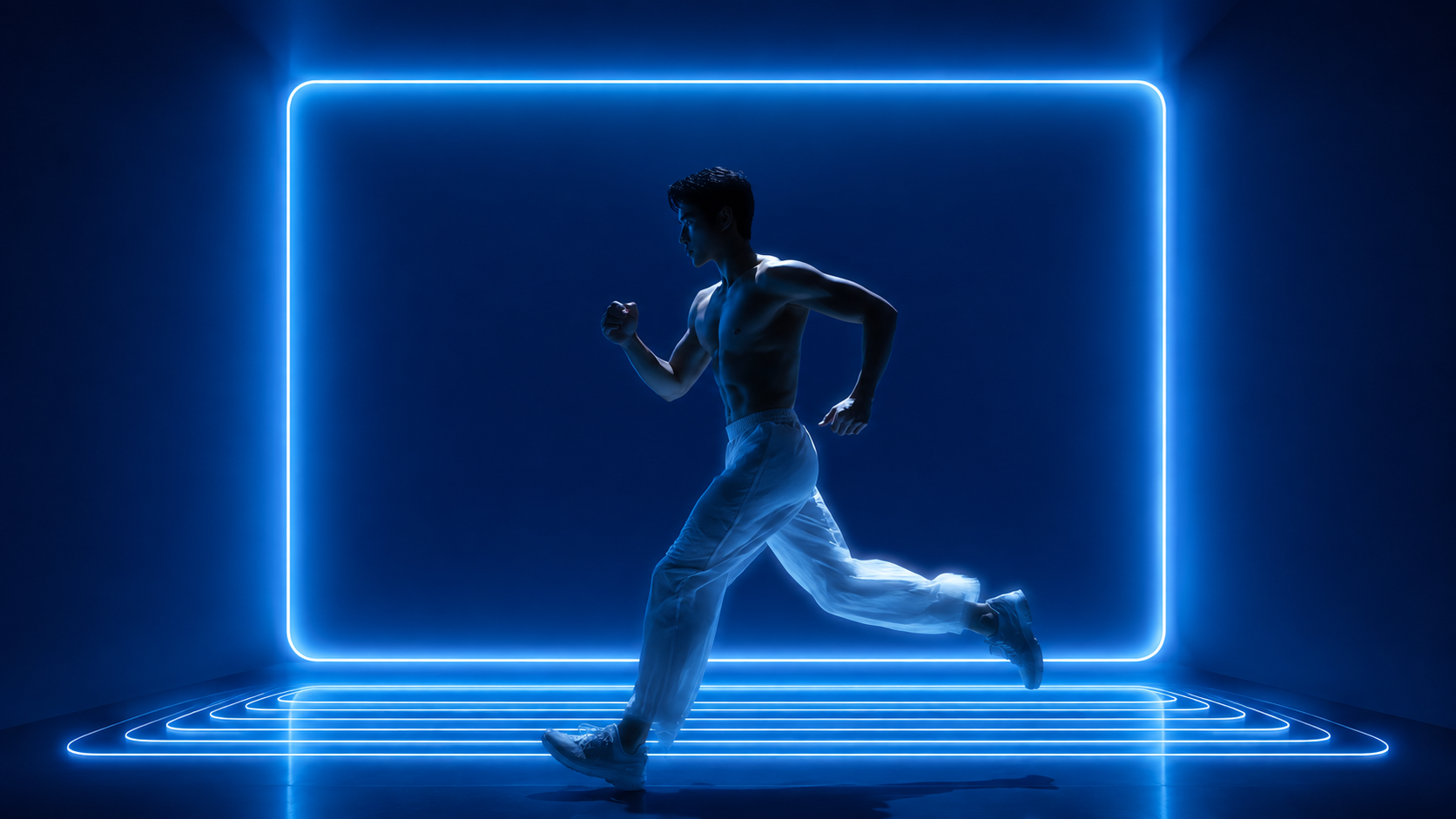 Runner mid-stride inside a glowing blue light frame