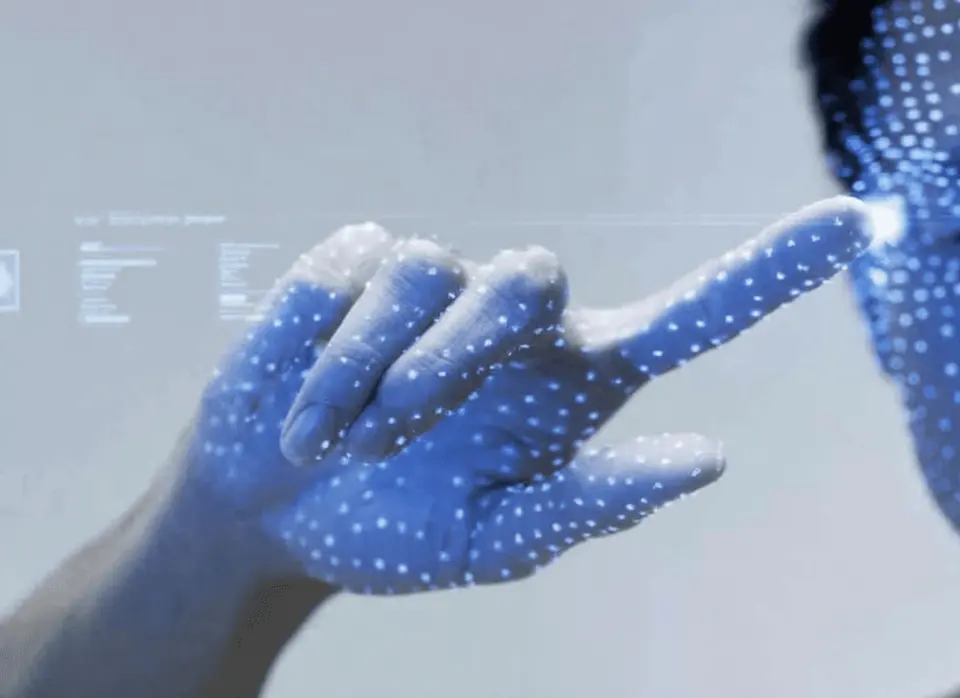 Runner mid-stride inside a glowing blue light frame
