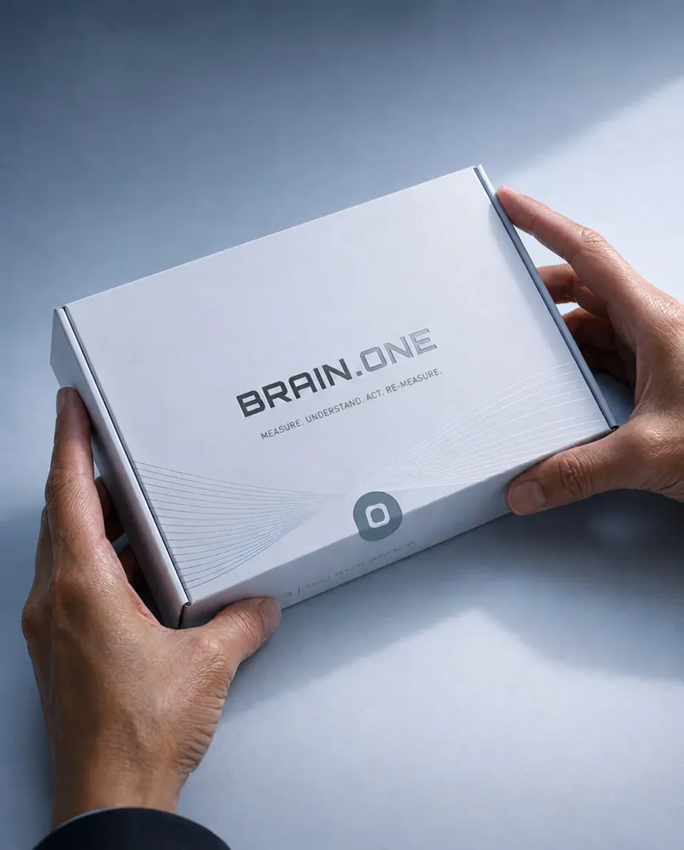 BRAIN.ONE baseline kit box held in two hands