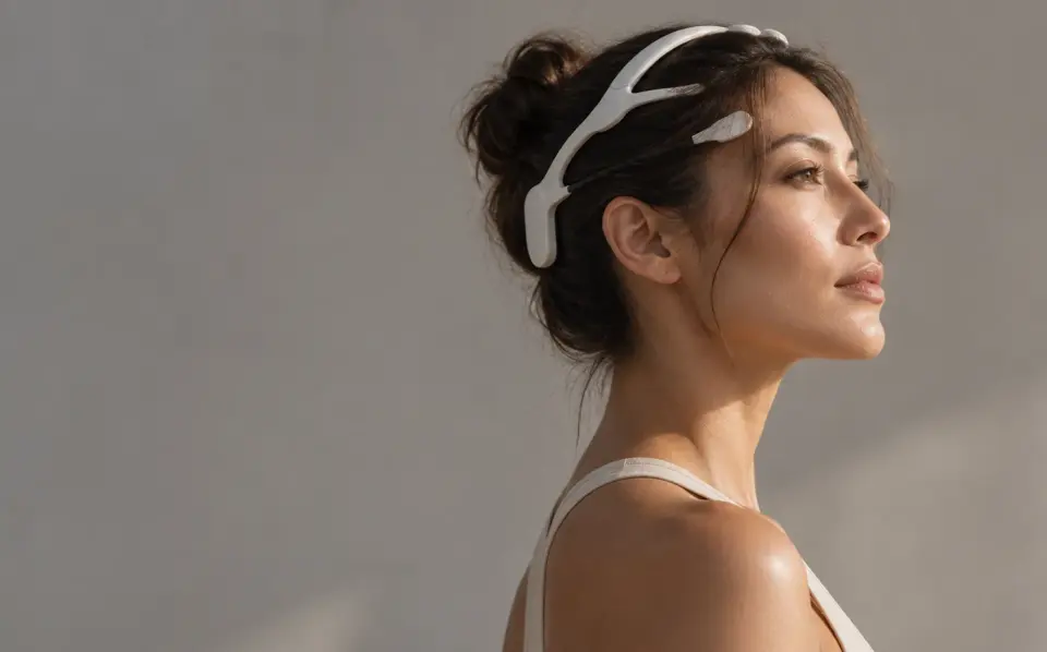 Woman wearing a BRAIN.ONE sensor beside a readout of stress level, heart rate variability, attention score and brain waves