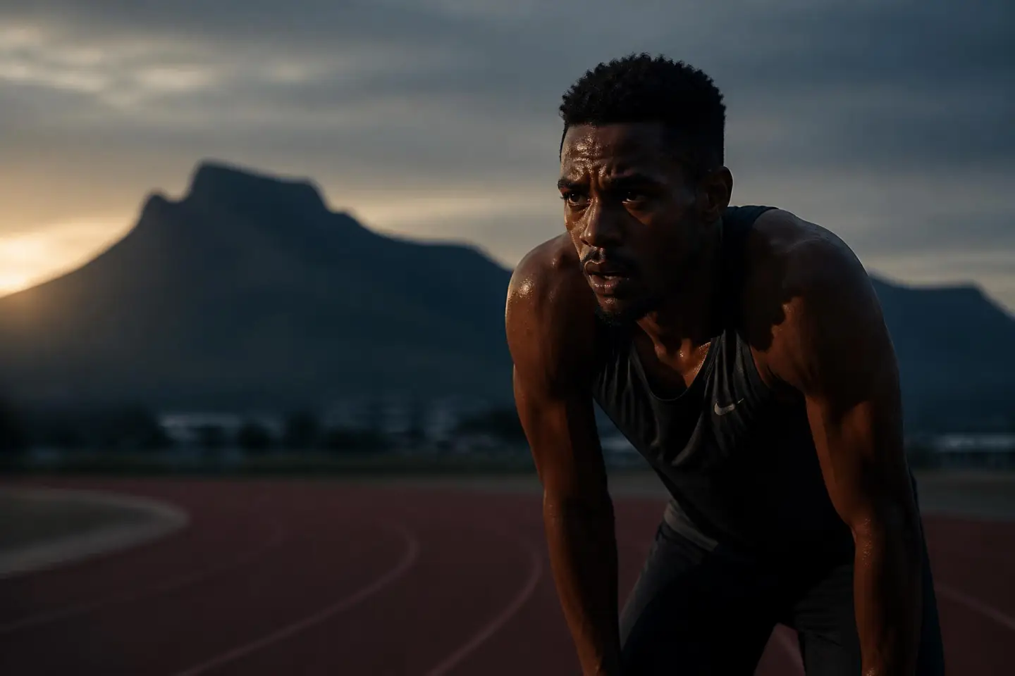 Sprinter recovering on a track at dawn after a hard training effort
